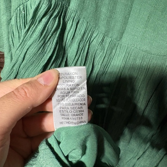 Umgee Boho Embroidered Floral Dress Green Tiered Flowy 3/4 Bell Sleeve Size L - Picture 4 of 10